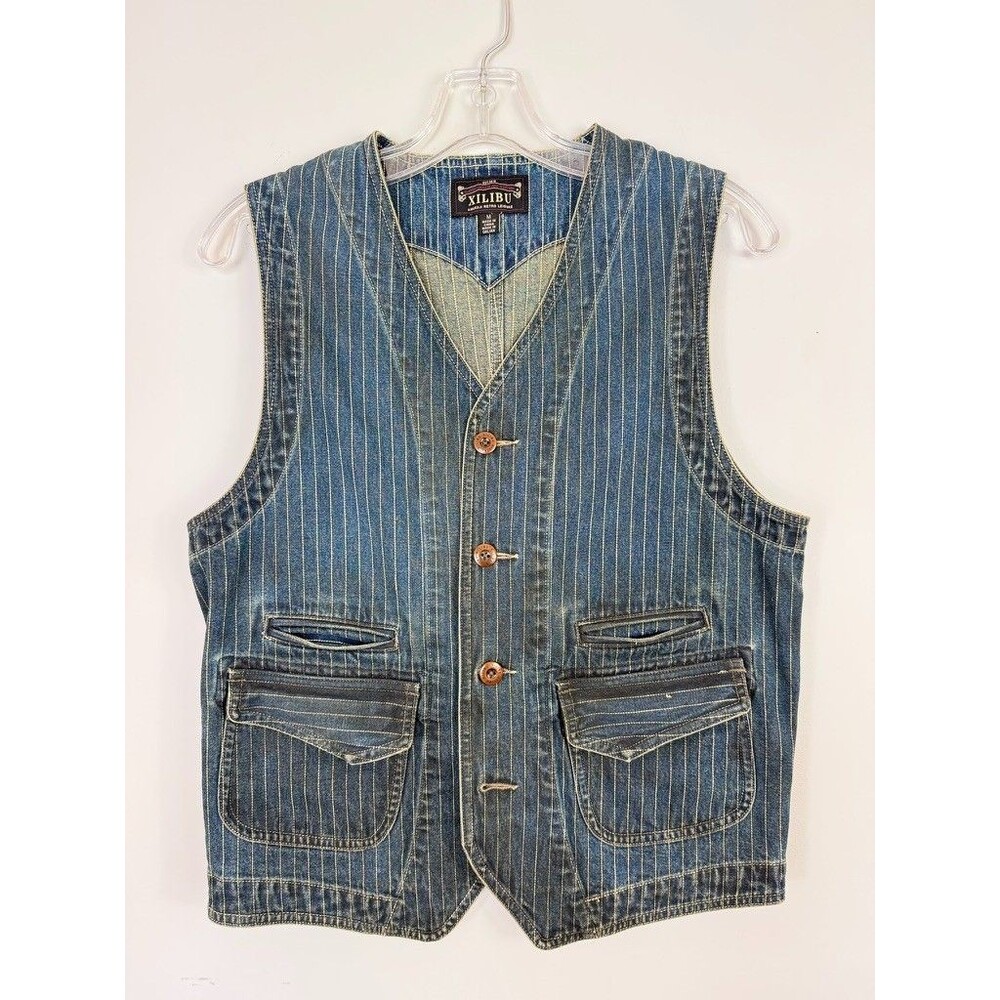 NWT Striped Denim M Vest Distressed Utility Work Wear Farmcore Vintage